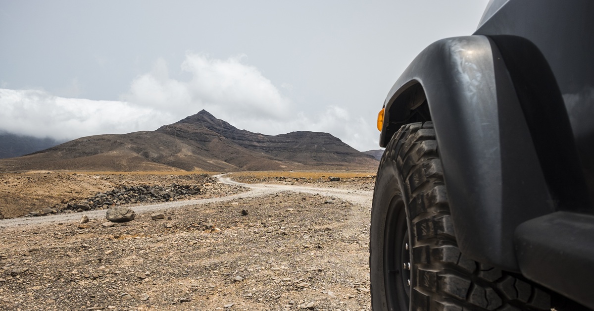 large off road wheel in rocky terrain